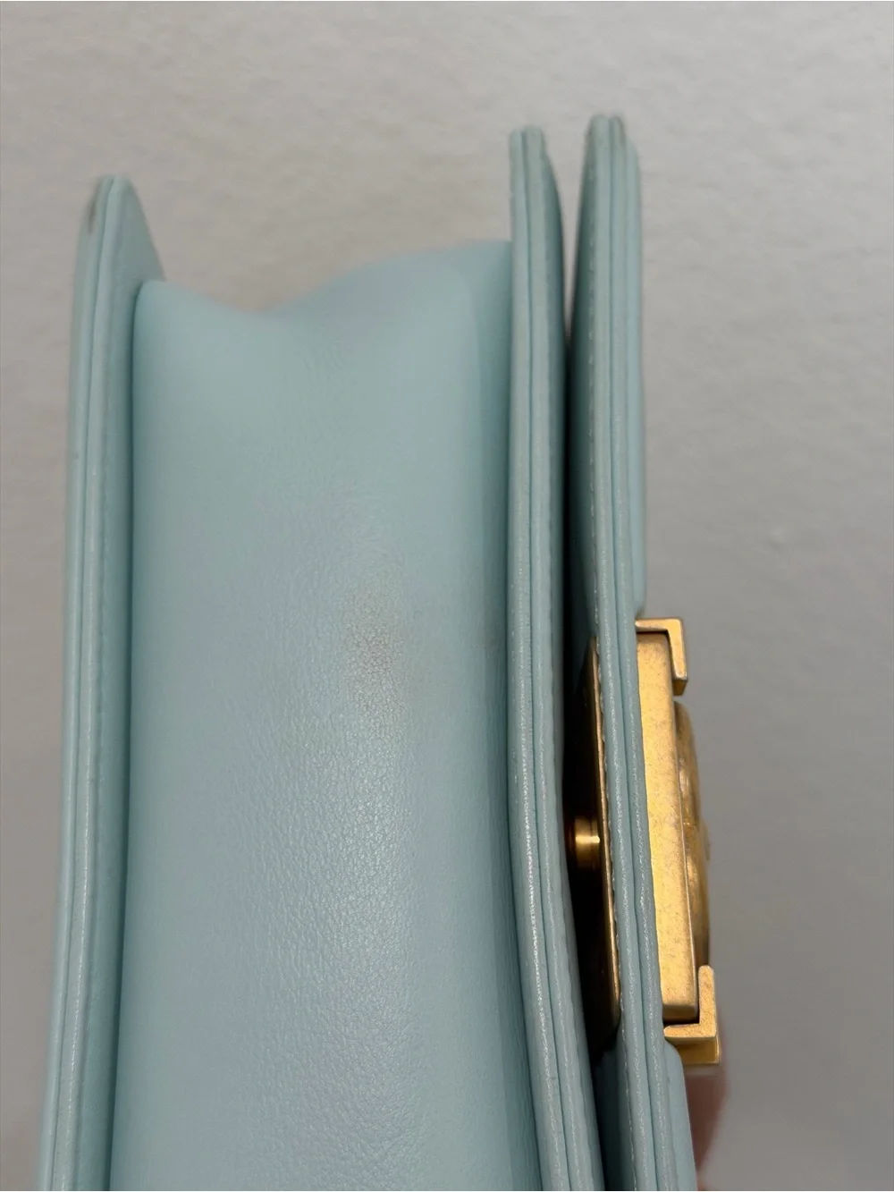 CHANEL Light Blue Chevron Quilted Boy Flap Shoulder Bag with Gold Hardware